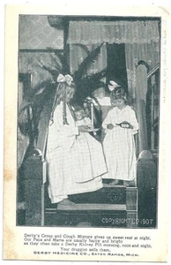 Postal publicitaria de Derby Medicine Co 1907 ~ medicina de pata ~ niñas y muñecas - Imagen 1 de 1