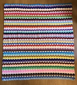 Vintage Multicolor Striped Granny Blanket 53x48 Bright Knit Afghan Crochet Throw - Picture 1 of 8