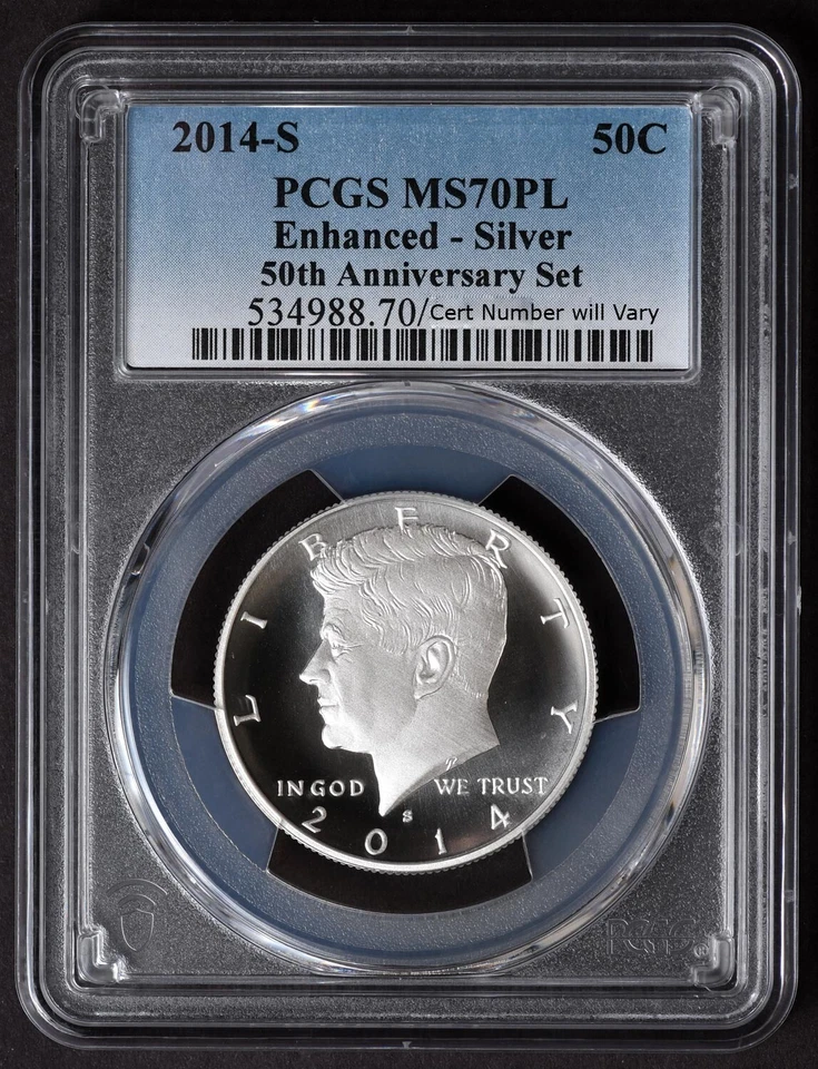 2014-S PCGS MS70PL John F Kennedy JFK 50th Enhanced Silver 50C MS 70 PL - Image 1 of 2