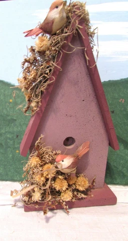 Decorative Indoor Birdhouse Pink Birds, Ribbons, Dried Foliage 11"H EUC! Cover