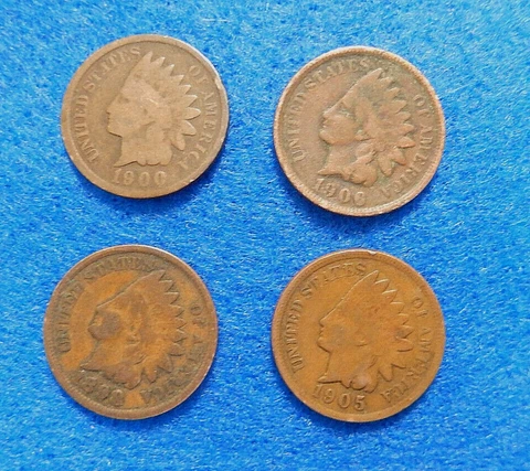 Lot of 4 INDIAN HEAD Cents/Pennies: 1898, 1900, 1905 & 1906, 4 Diff Full Dates💎 Cover