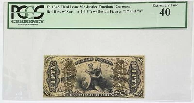 1864-1869 US 50 CENTS FRACTIONAL LADY JUSTICE RED BACK NOTE FR#1348 PCGS XF 40 - Image 1 of 2