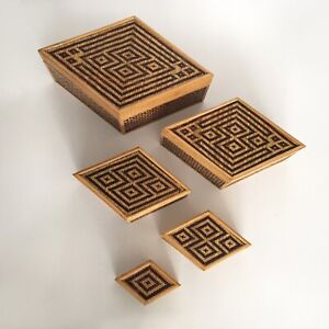 Vintage Chinese Rattan Bamboo Nesting Boxes Geometric Woven Containers (5pc Set)