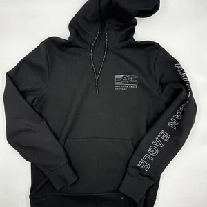 American Eagle Mens Hoodie Size XS Black Logo Print Pullover Cotton Blend Fleece - Picture 1 of 9