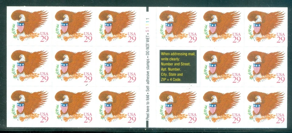 US 2595a brown 29c eagle booklet pane of 17 MNH P#S-1111 issued sept.25 1992 - Image 1 of 1