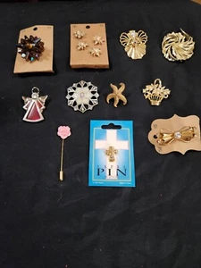 Lot of 14 Unique Brooches Pins: Bow, Cross, Flower, Angel, Basket Vtg To Modern - Picture 1 of 11