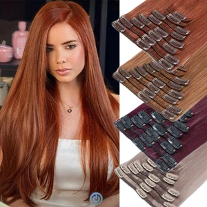 Clip in Russian Remy Human Hair Extensions Burgundy Caramel Full Head US STOCK - Picture 1 of 34