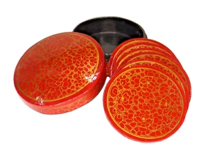 Juego de Posavasos Cachemira Diseño Floral Artesanal Papel Maché Forma Redonda con Caja - Imagen 1 de 7