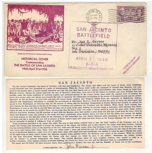 1936 UNLISTED TEXAS CENTENNIAL 4/21 BERNHARDT WALL CACHET & HISTORICAL TEXT CARD - Picture 1 of 2