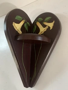 Wood Corner Shelf Heart Shape Hand Painted Yellow Lilies 12” Tall - Picture 1 of 8