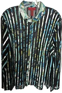 VTG JS Collections Plus Sz 20 W Black Blue Mesh Stripe Zip up Top Shirt Blouse - Picture 1 of 7