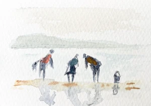 ACEO Original Painting Watercolor Ink Seaside People "Shelling" Summer Signed - Picture 1 of 2