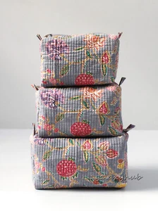 3 pc Set Cotton Quilted Indian Toiletry Bag Makeup Cosmetic Carry Bag Waterproof - Picture 1 of 5