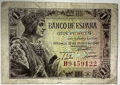 SPAIN - Una Peseta - 1943 - Pick-126a - FREE USA Shipping! - Image 1 of 2