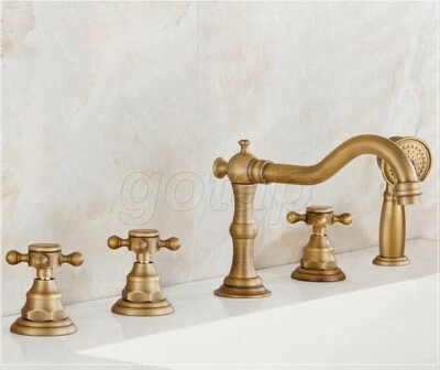 DLL Antique Brass 5 Hole Deck Mount Bathroom Roman Tub Faucet with Hand Shower Set