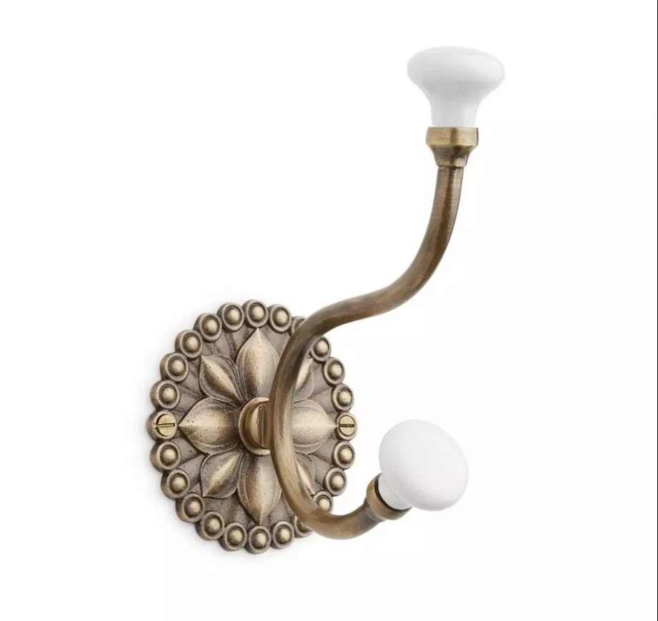 Signature Hardware Floral Brass Double Hook with Porcelain Knobs - Antique Brass - Image 1 of 1