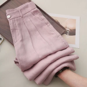 Women's Wide Leg Pants Summer Cotton Linen Elastic Sunscreen Straight Leg Pants - Picture 1 of 26