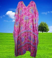 Womens Kaftan Maxi Dress Pink Periwinkle Printed Recycled Sari  Resort L-XL
