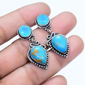 Copper Turquoise, Blue Chalcedony Gemstone Silver Jewelry Earring 1.5" ERJR4947