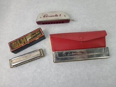 3 Vintage Hohner Harp Harmonicas Echo GLF Chrometta 8 All Working, Have Cosmetic - Image 1 of 4
