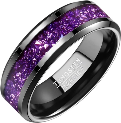 Anillo de tungsteno negro, anillos de boda para hombre y mujer con citrino/azul/amatista/gala Foto 1 de 4