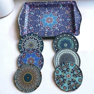 Turkish Tray Coasters Set, Metal Tray and 6 Round Coasters, Housewarming Gift - Picture 1 of 7