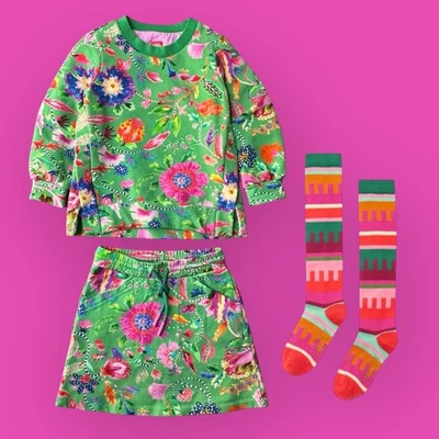 Oilily Organic Cotton Floral Sweatshirt ,Skirt, High Socks Set Size 104/4 Green - Image 1 of 4