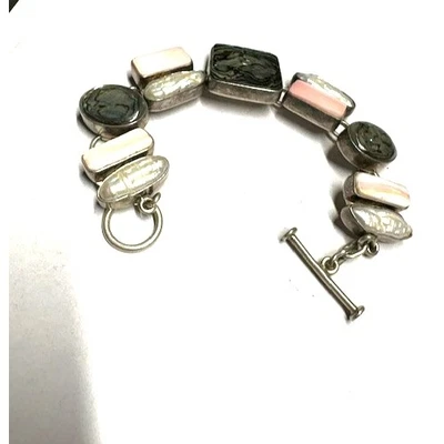 ARTIST SIGNED 925 STERLING SILVER BAROQUE PEARL ABALONE SHELL TOGGLE SKY - Image 1 of 4