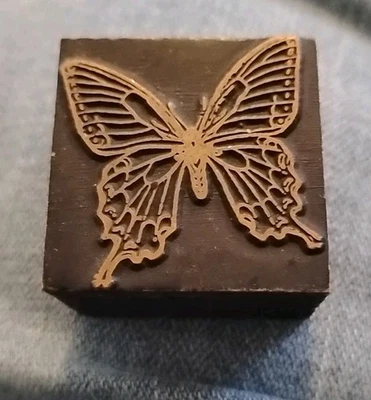 Vintage Letterpress Print Block Butterfly Design Motif Copper on Wood - Image 1 of 4