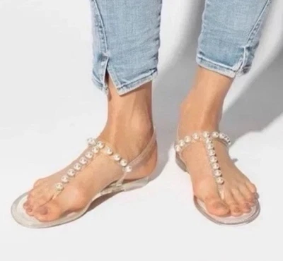 Sandalias Stuart Weitzman Goldie con tiras de gelatina transparente diapositivas perlas planas talla 8 B Foto 1 de 4