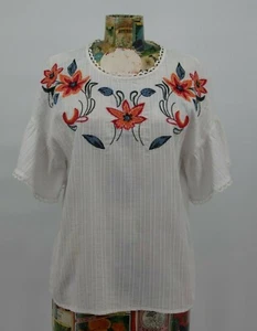 THML Womens Blouse Top Ivory White Embroidered Floral Short Sleeve Boho M #517 - Picture 1 of 15