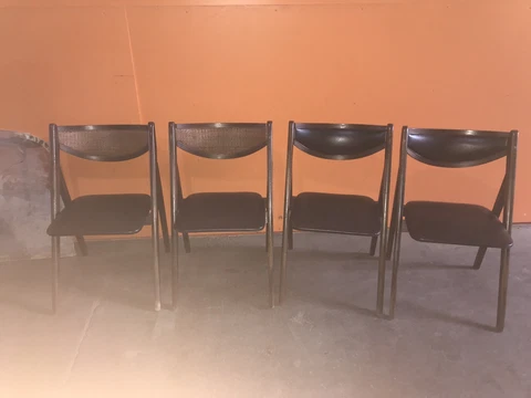 Vintage Mid Century Stakmore Set of 4 Folding Chairs Black Vinyl And Wicker Cover