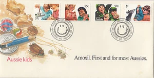 Stamps Australia 1987 Aussie Kids set 4 official FDC AMOXIL medical overprint - Picture 1 of 1