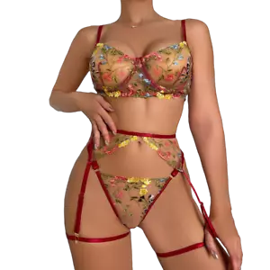 Women's Lingerie Floral Bra Thong with Thigh Straps Sleepwear Pajamas Set Size-S - Picture 1 of 7
