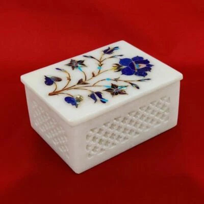 Marble Jewelry Box Semi Precious stones lapis Floral Inlay home decor - Image 1 of 3