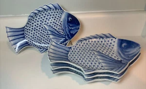 Antique Japanese Arita Blue And White Fish Shaped Plate, c. 1850-1870 Set Of 4 - Bild 1 von 22