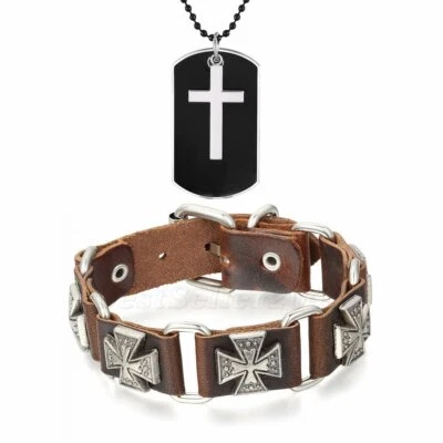 2 piezas Pulsera de cuero punk colgante de cadena con etiqueta de perro cruz gótica para hombre Foto 1 de 3