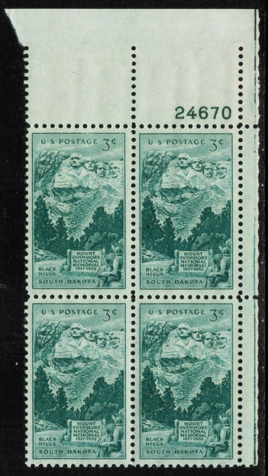 US USA Sc# 1011 MNH FVF PLATE # BLOCK Sculptures Mount Rushmore South Dakota - Image 1 of 1
