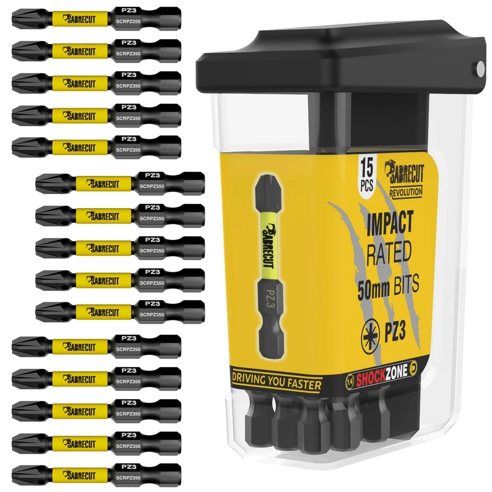 15 x 50mm SabreCut Revolution PZ3 Impact Drill Driver Screwdriver Bits Set POZI