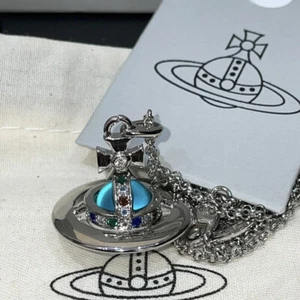 Vivienne Westwood Tiny 3D Blue Tone Orb Silver Necklace With packaging box
