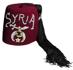 Syria Masonic Fez Shriners Vintage Red Cap With Rhinestones On Front & Clip - Picture 1 of 7