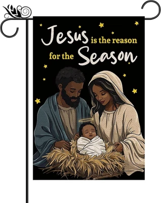 Christmas Garden Flag Black Santa Jesus Is the Reason for the Season Stars Doubl - Image 1 of 4