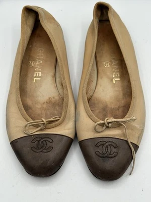 Vintage Chanel Two Tone Nude Leather Brown CC Cap Toe Bow Ballet Flat Sz 37/ 6.5 - Image 1 of 4