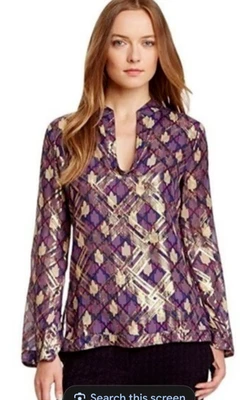 Tory Burch Women's Stephanie Silk Long Sleeve Geometric Purple Gold Blouse Sz 6 - Image 1 of 4