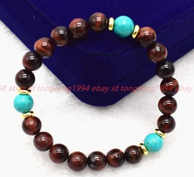 Natürliche 8mm Rote Tiger Auge Türkis Edelstein Runde Perlen Armband 7.5in - Bild 1 von 4