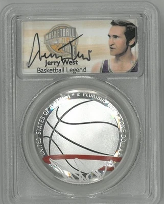 JERRY WEST 2020-P  BASKETBALL HALL OF FAME SILVER DOLLAR  PCGS PR70-DCAM - Image 1 of 2