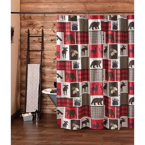 BEAR EAGLE MOOSE CABIN LODGE LIFE NEW BATHROOM SHOWER CURTAIN W/ HOOKS & BEADS - Picture 1 of 3