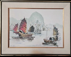 Vintage Signed & Framed Oil & Impasto Junk Boats Painting - Picture 1 of 8