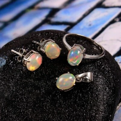 Splendido Fuoco Opale Ovale Gemma 925 Argento Sterling Gioielli Set Fidanzamento - Immagine 1 di 4
