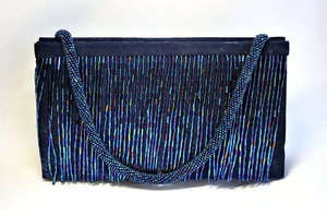 SASHA Cobalt Blue Evening Handbag Purse Sateen Fabric Iridescent Fringed - Picture 1 of 5